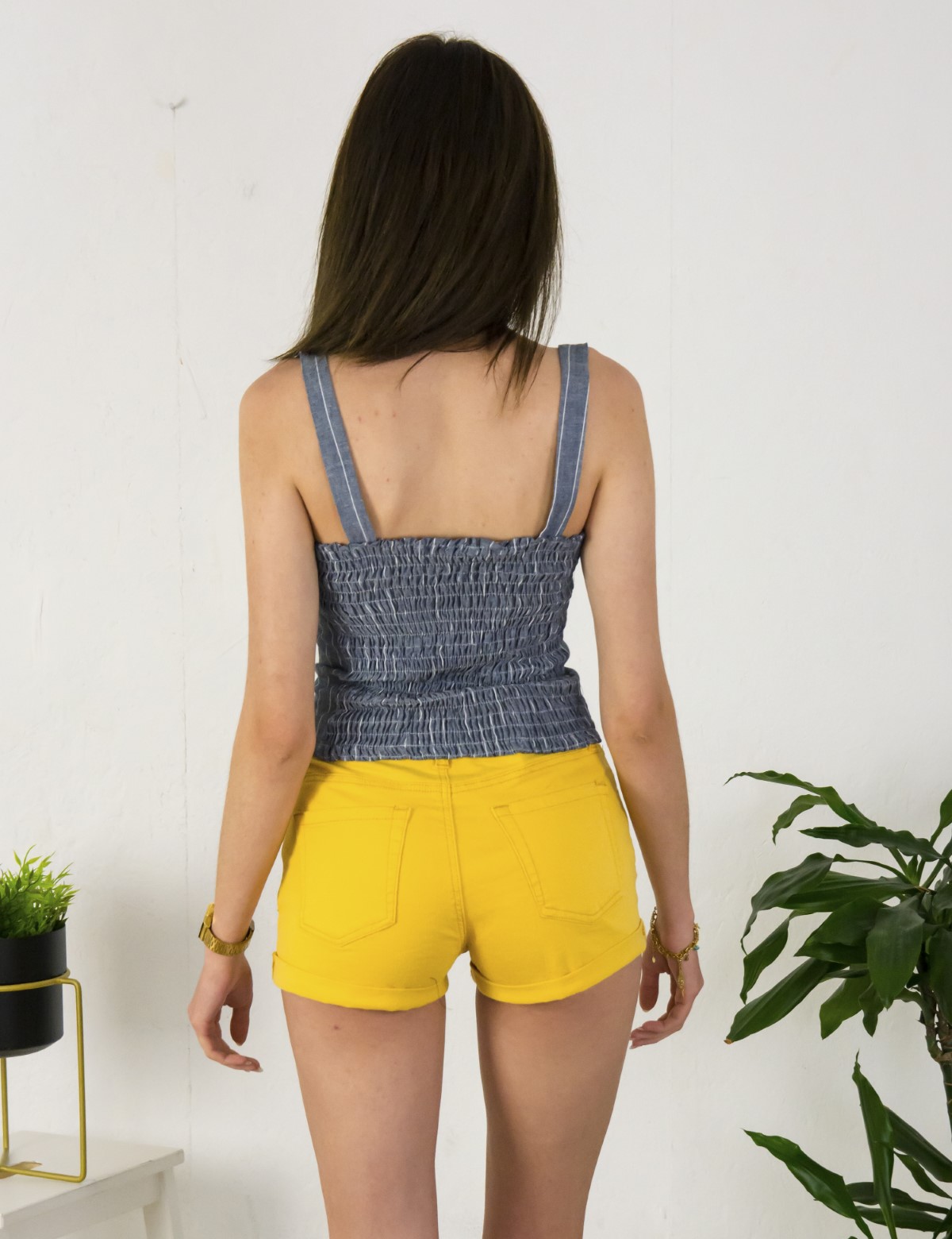 Γυναικείο μπλε ριγέ τοπ λινό κουμπιά λάστιχο ράντες 2393M φωτογραφία